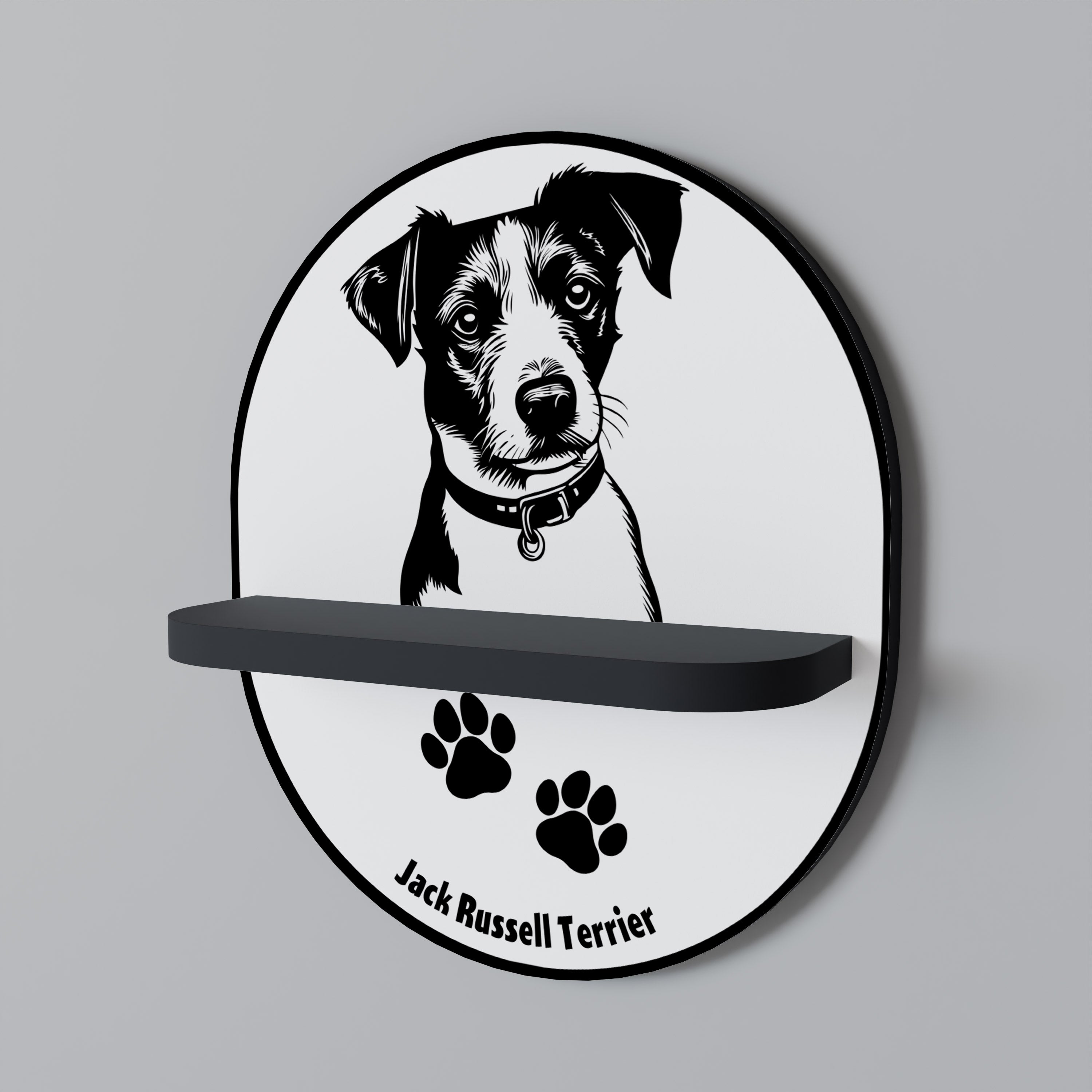 JACK RUSSEL TERRIER Prateleira Oval Decorativa em Acabamento Preto