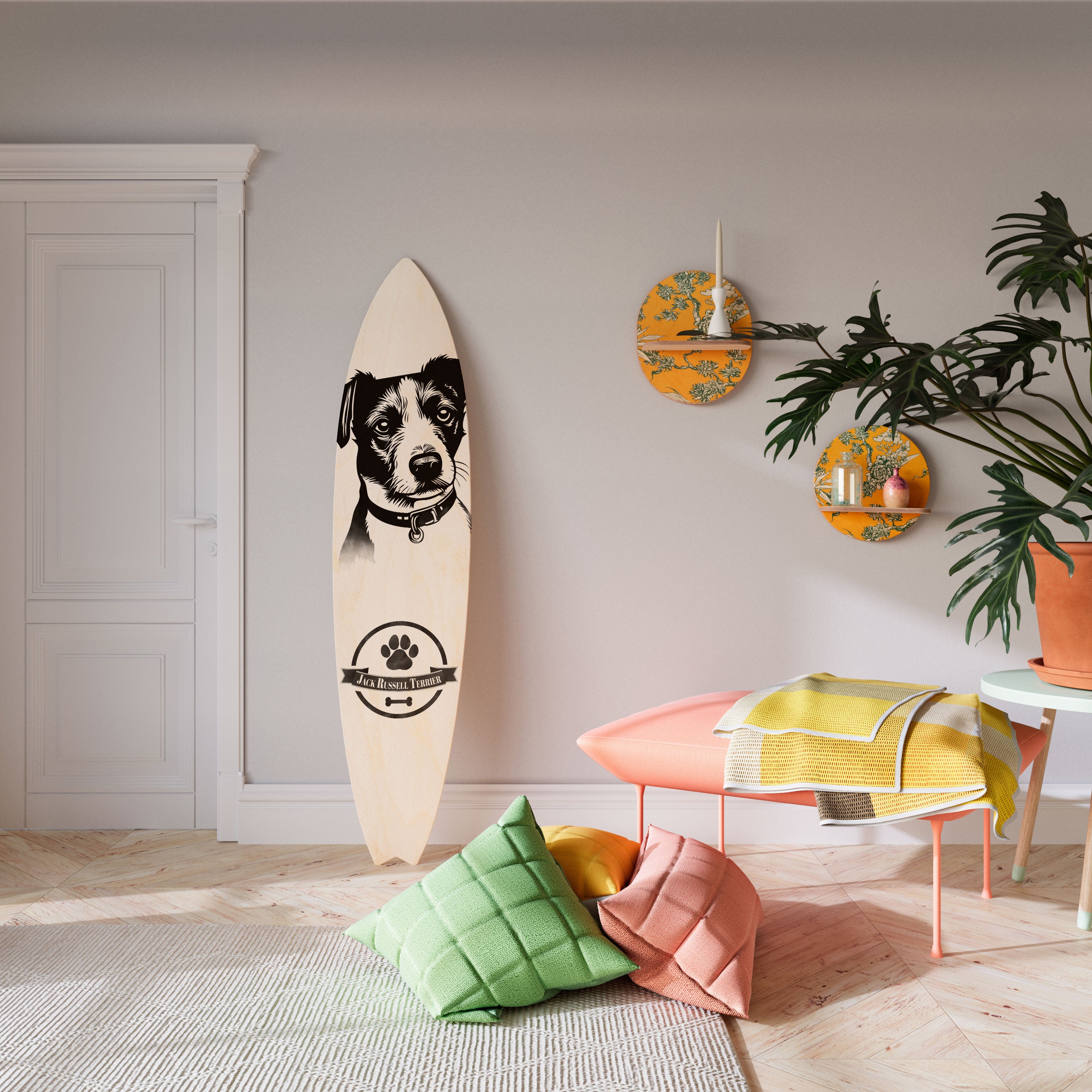 JACK RUSSEL TERRIER Painel Decorativo Prancha de Surf