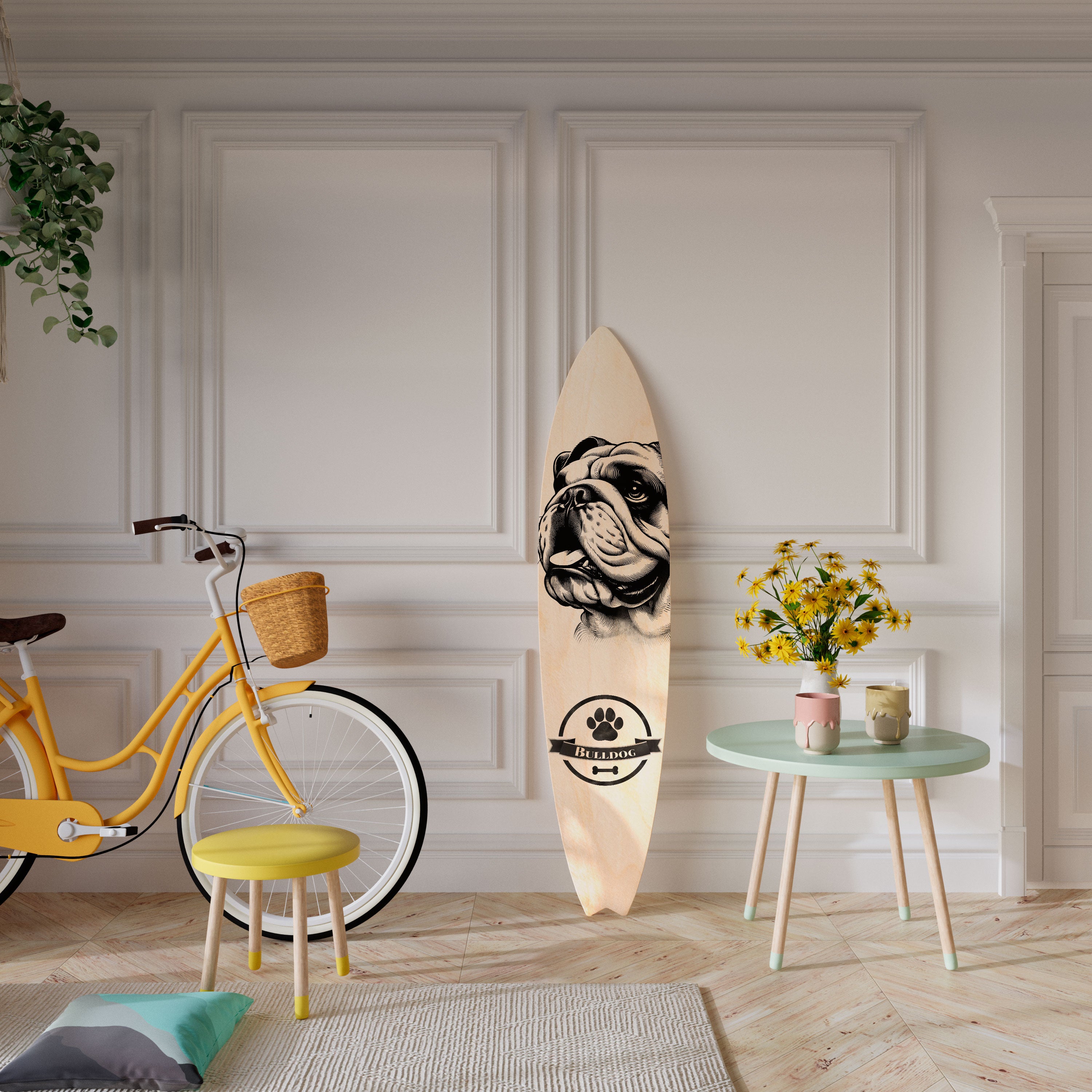 BULLDOG DOG Painel Decorativo Prancha de Surf