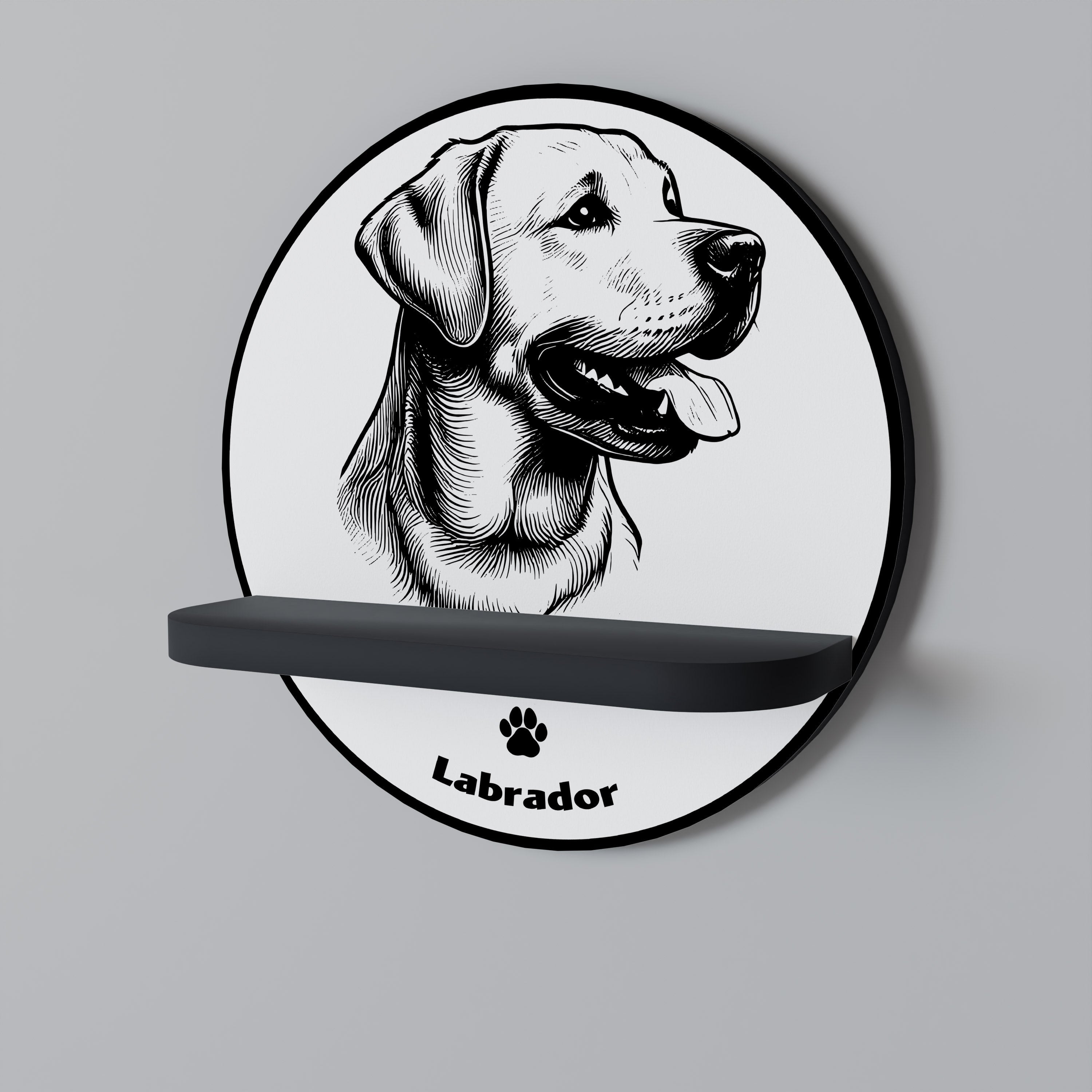 LABRADOR DOG Prateleira Redonda Decorativa em Acabamento Preto