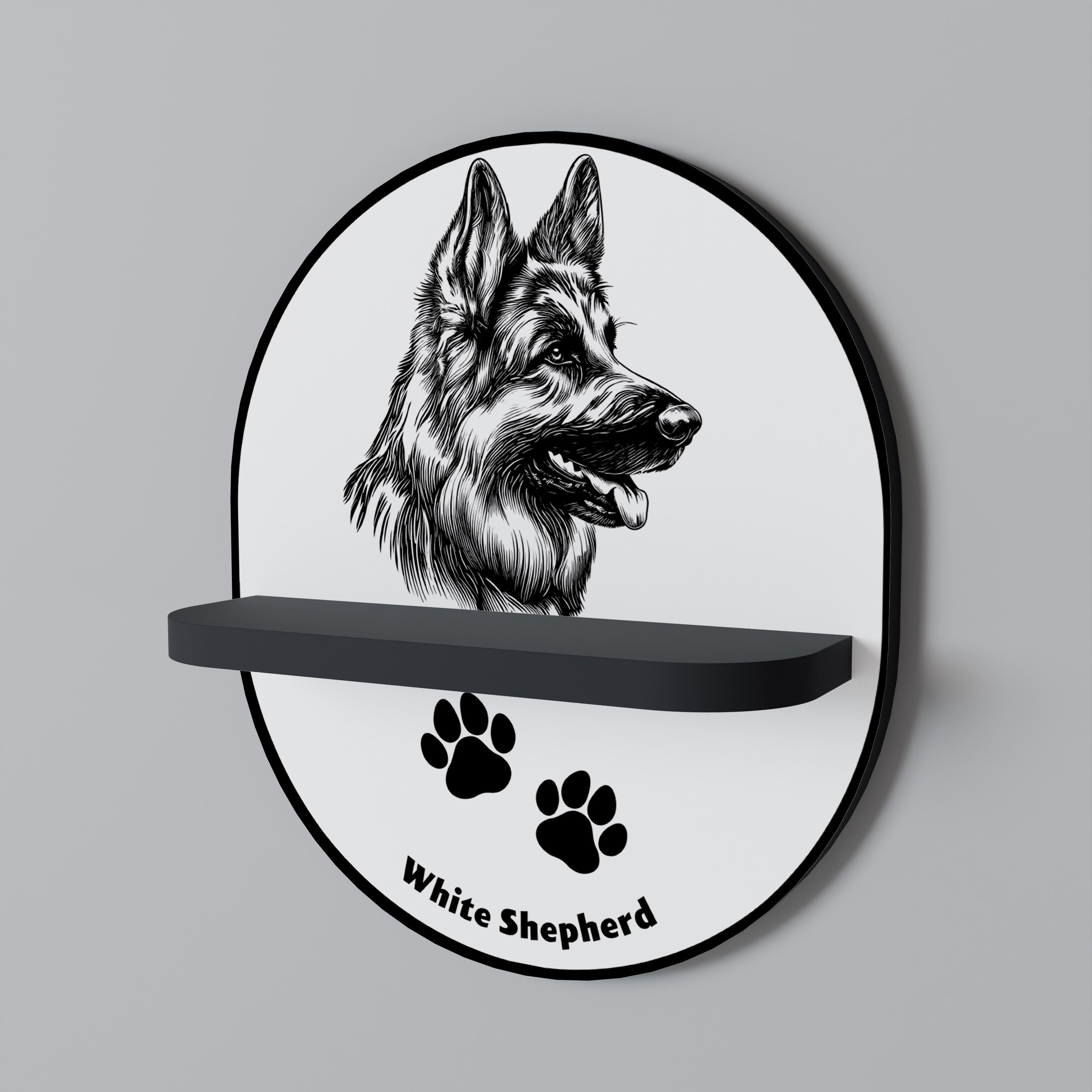 WHITE SHEPHERD DOG Prateleira Oval Decorativa em Acabamento Preto