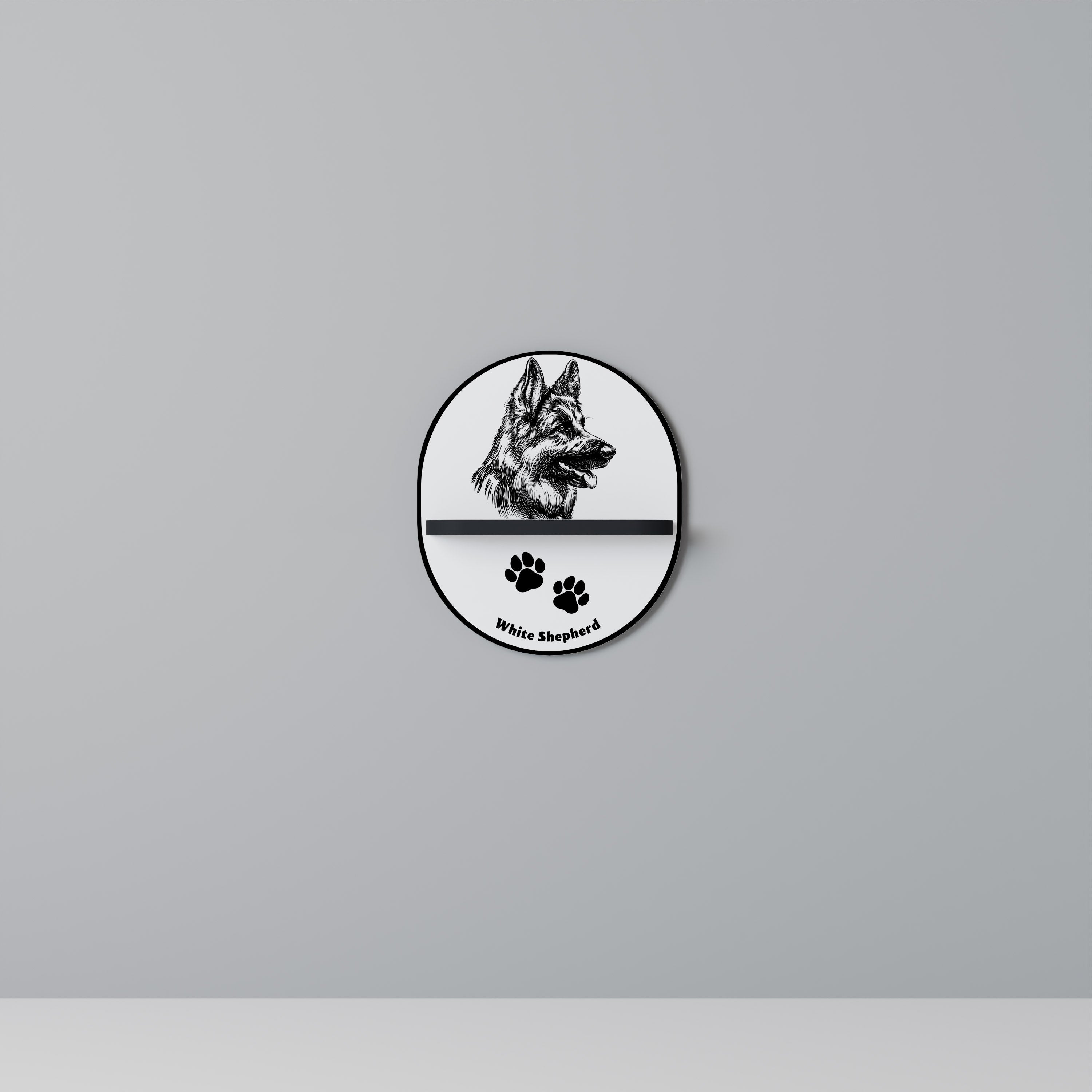 WHITE SHEPHERD DOG Prateleira Oval Decorativa em Acabamento Preto