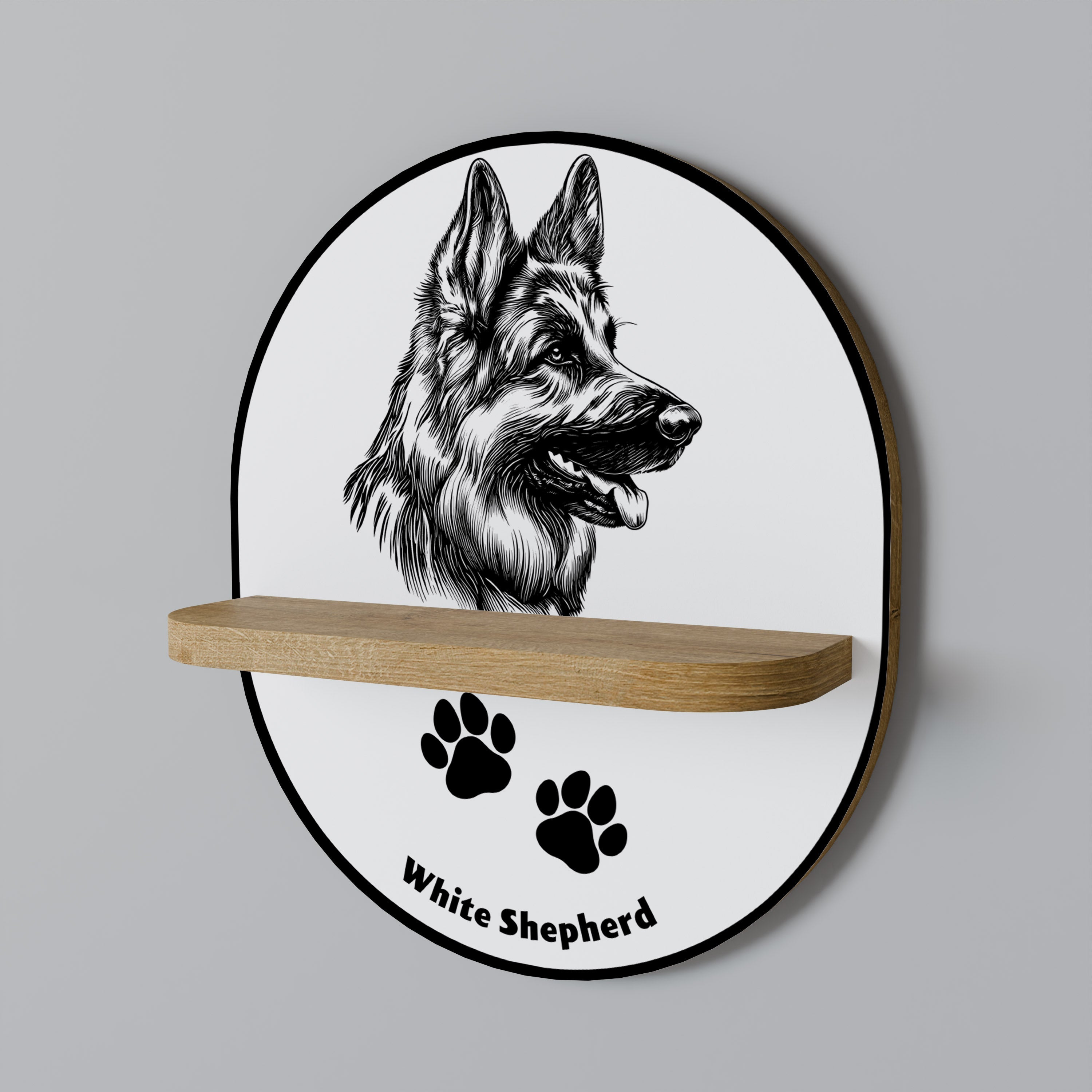 WHITE SHEPHERD DOG Prateleira Oval Decorativa em Efeito Carvalho