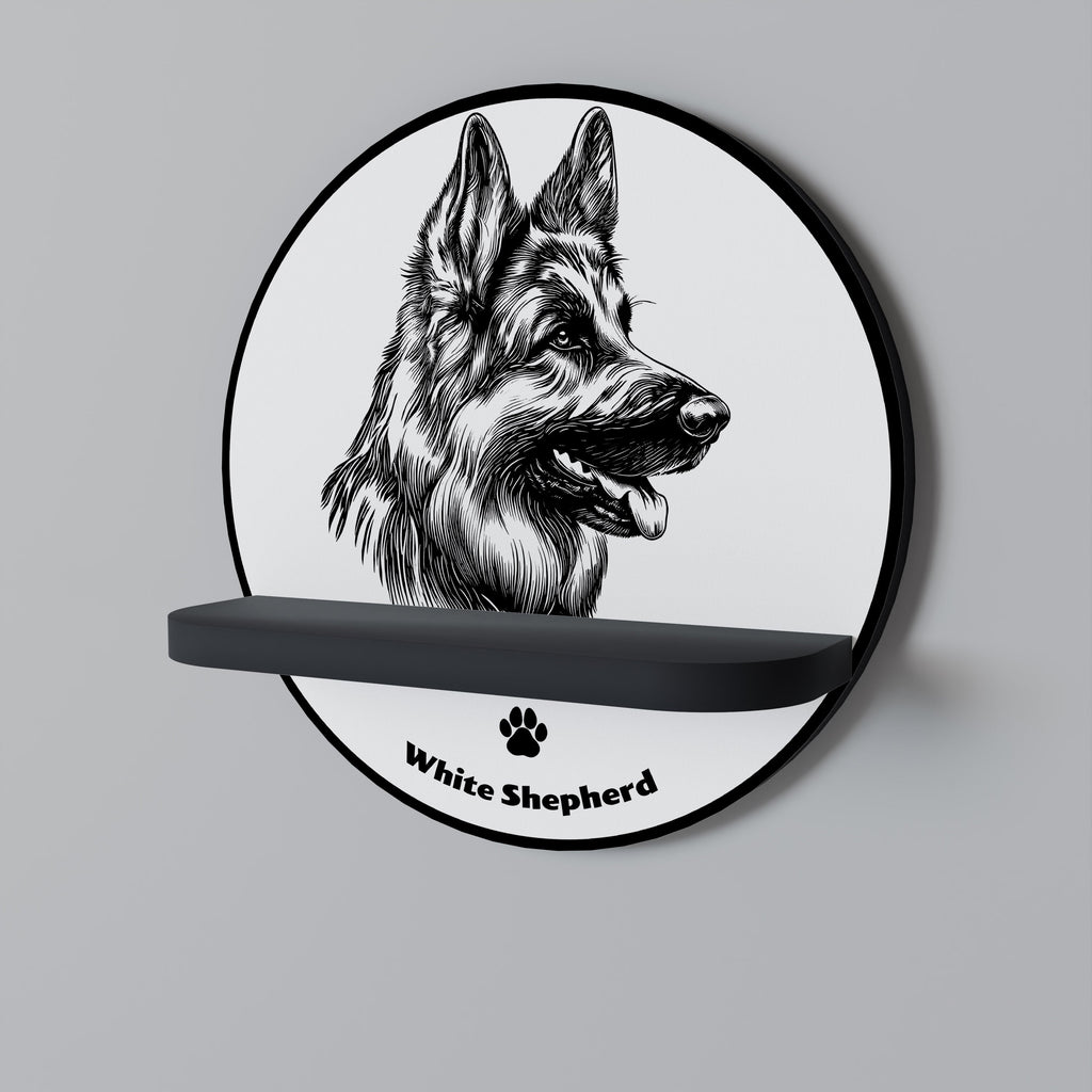 WHITE SHEPHERD DOG Prateleira Redonda Decorativa em Acabamento Preto