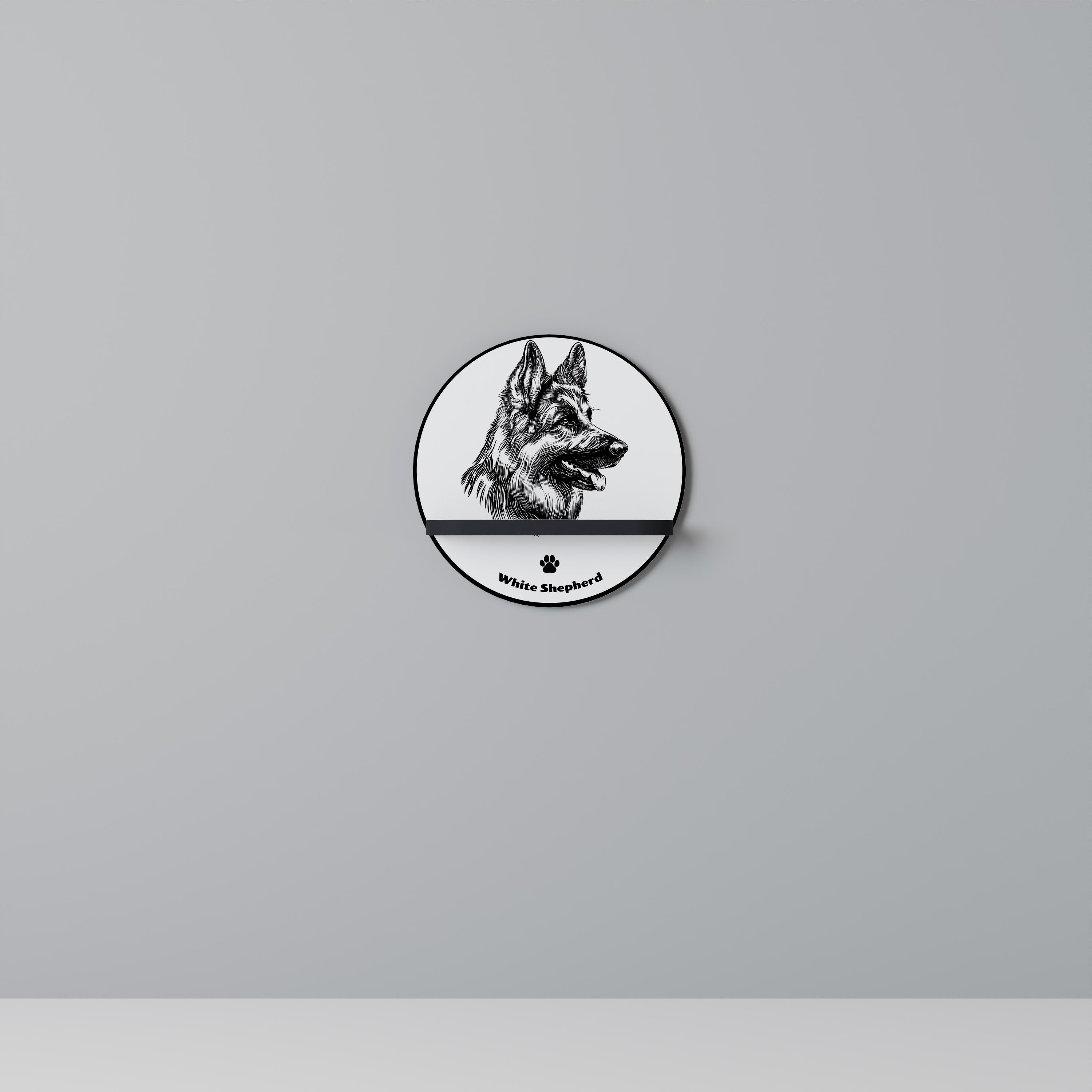 WHITE SHEPHERD DOG Prateleira Redonda Decorativa em Acabamento Preto