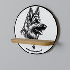 WHITE SHEPHERD DOG Round Art Shelf In Oak Effect