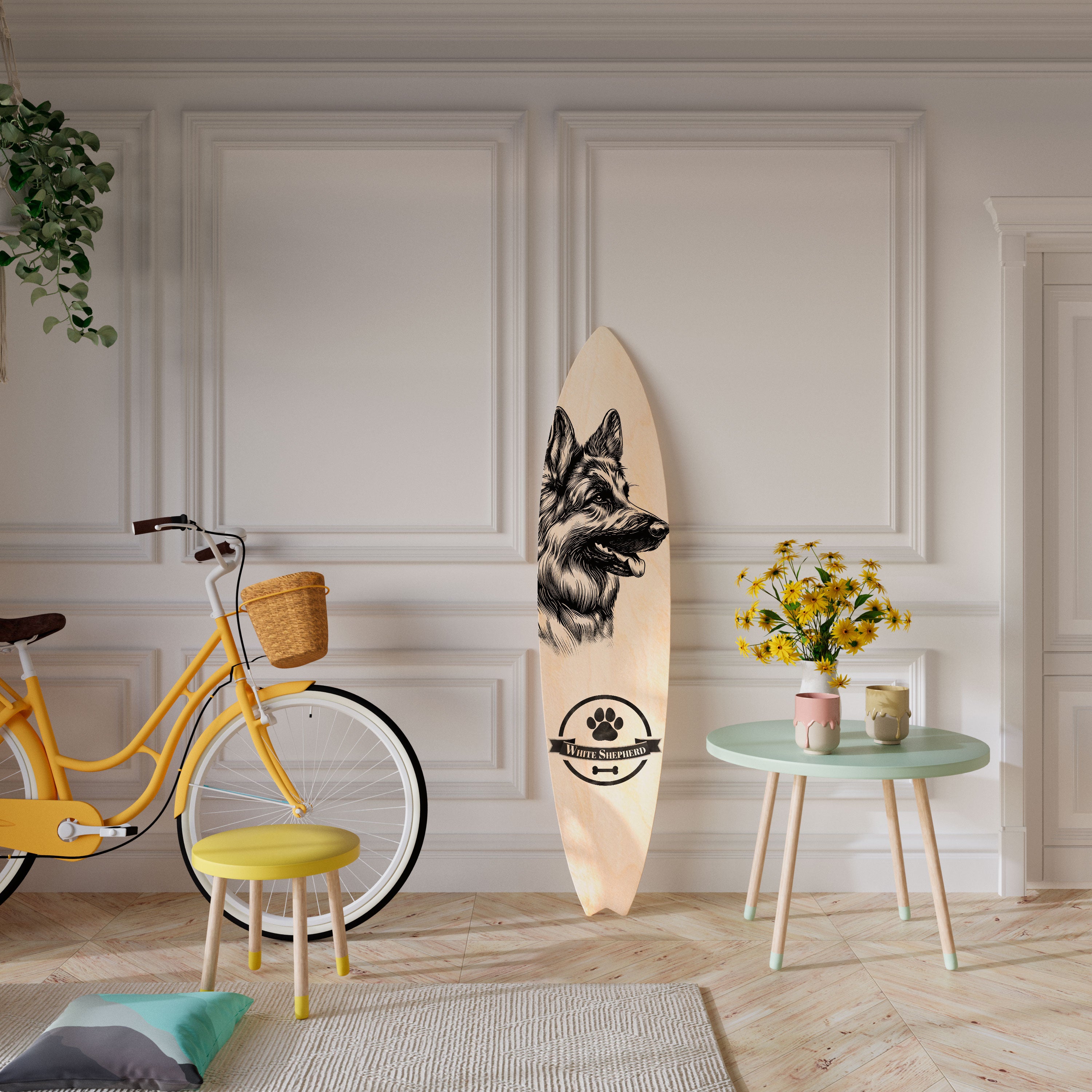 WHITE SHEPHERD DOG Painel Decorativo Prancha de Surf