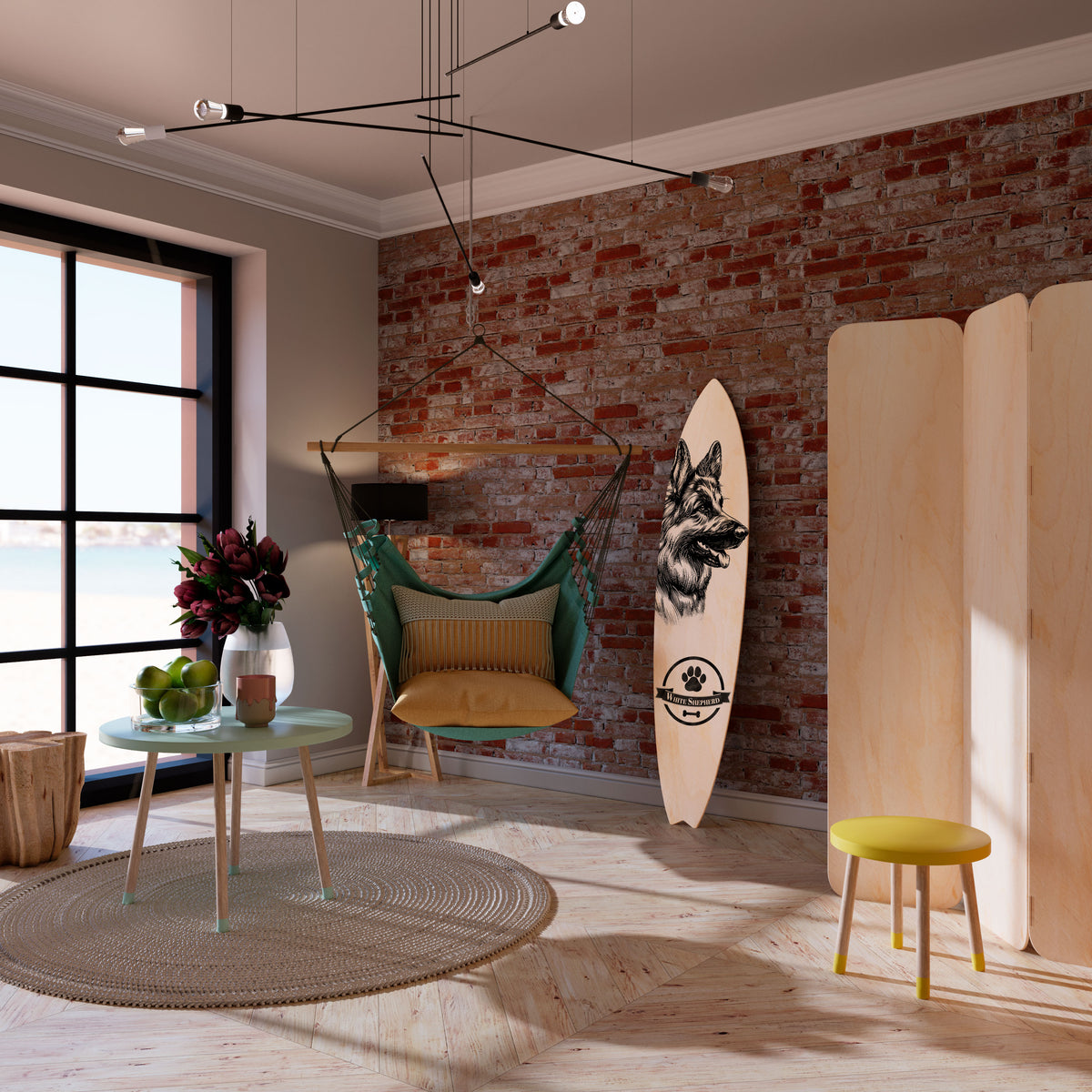 WHITE SHEPHERD DOG Painel Decorativo Prancha de Surf