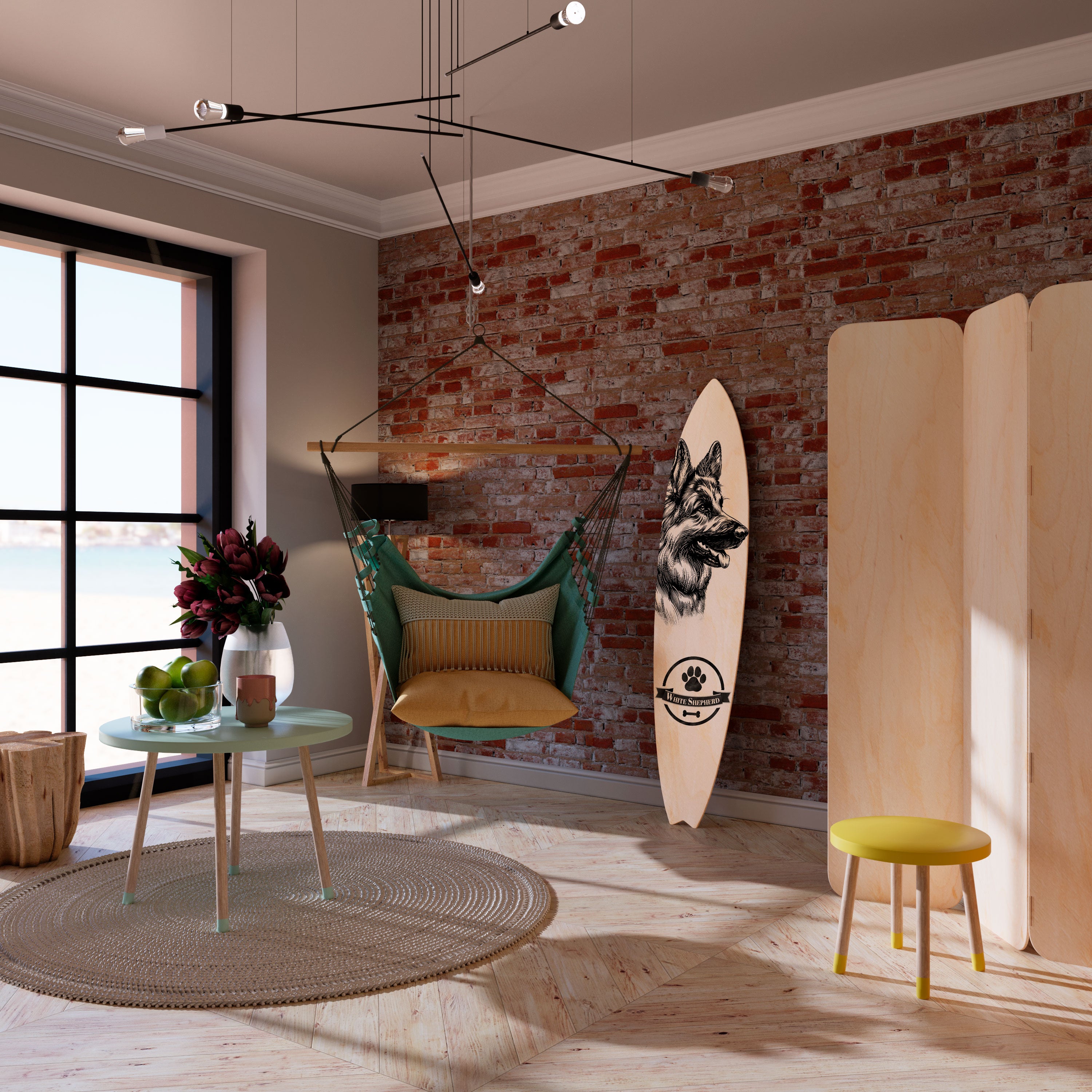 WHITE SHEPHERD DOG Painel Decorativo Prancha de Surf