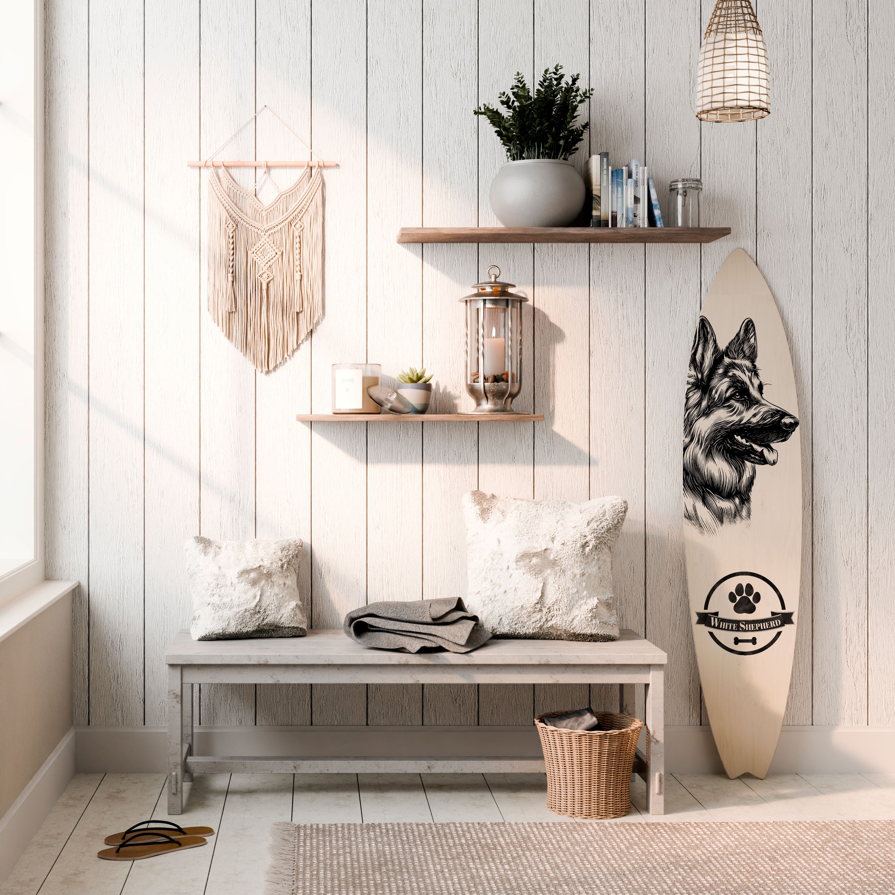 WHITE SHEPHERD DOG Painel Decorativo Prancha de Surf