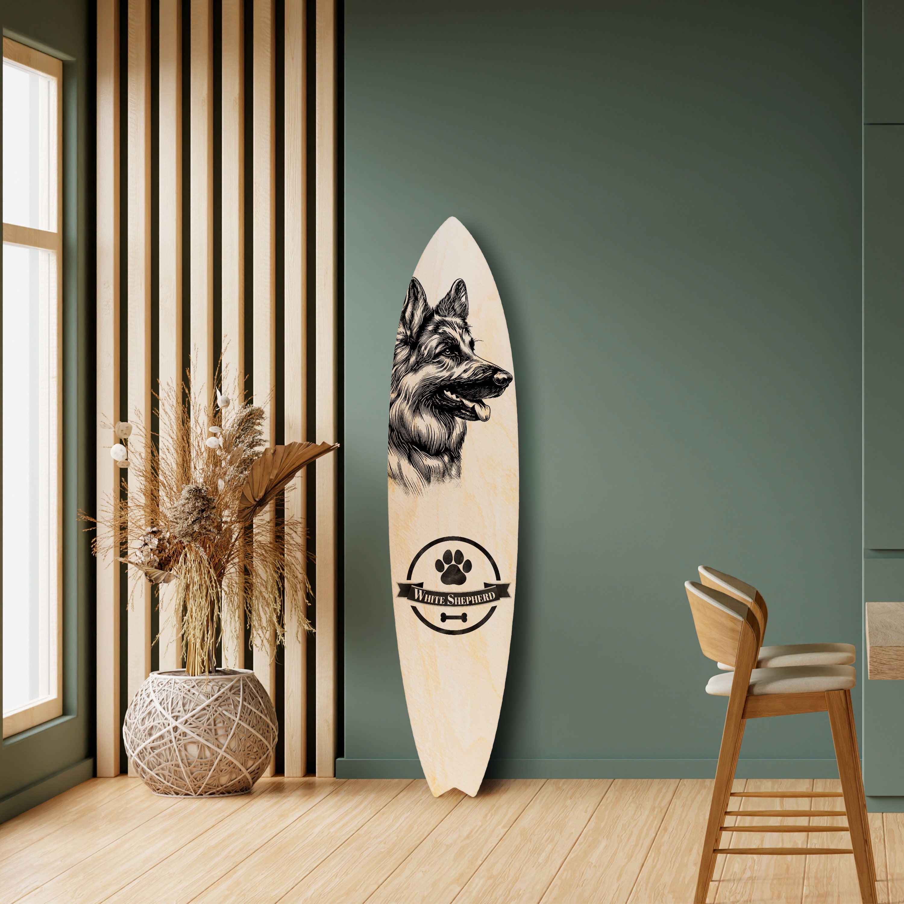 WHITE SHEPHERD DOG Prancha de surf decorativa em contraplacado