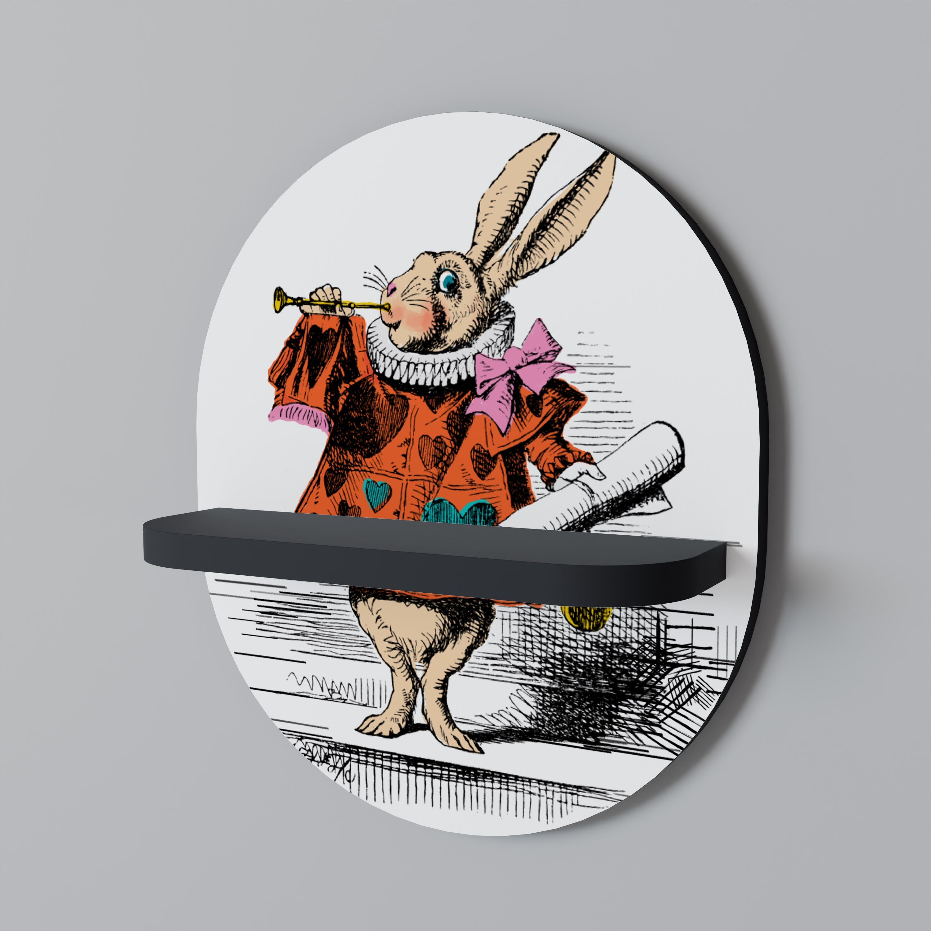 COLORFUL WHITE RABBIT Prateleira Oval Decorativa em Acabamento Preto