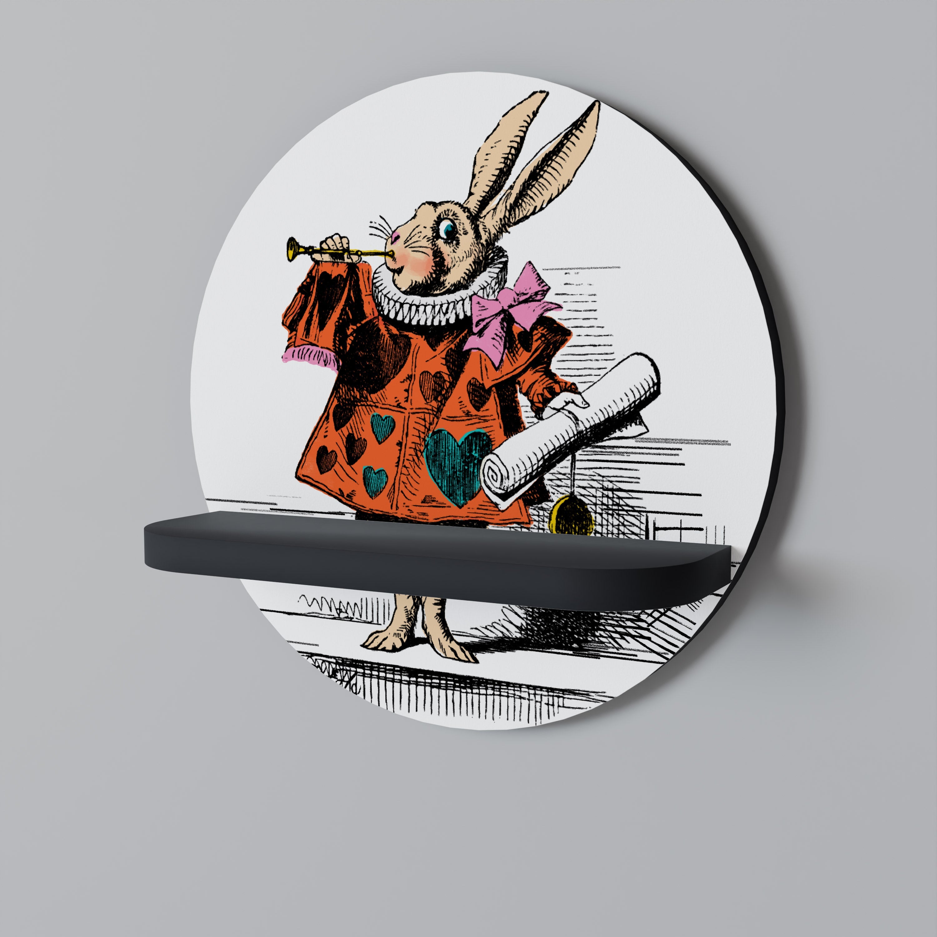 COLORFUL WHITE RABBIT Prateleira Redonda Decorativa em Acabamento Preto