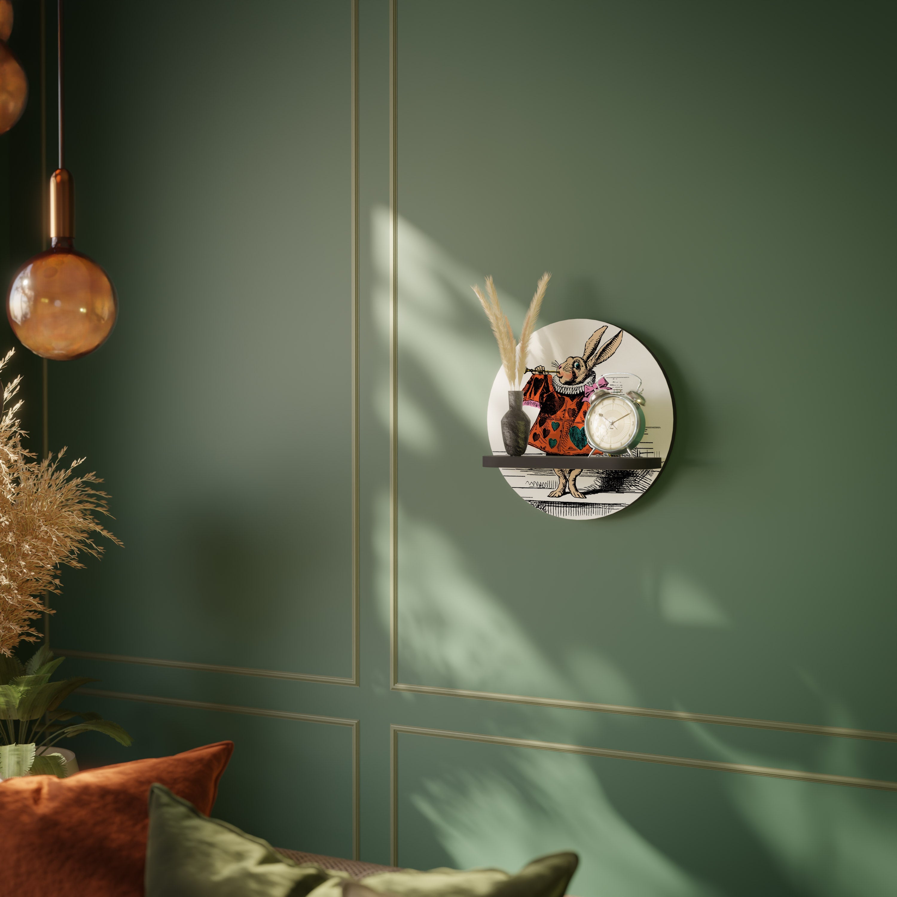 COLORFUL WHITE RABBIT Prateleira Redonda Decorativa em Acabamento Preto